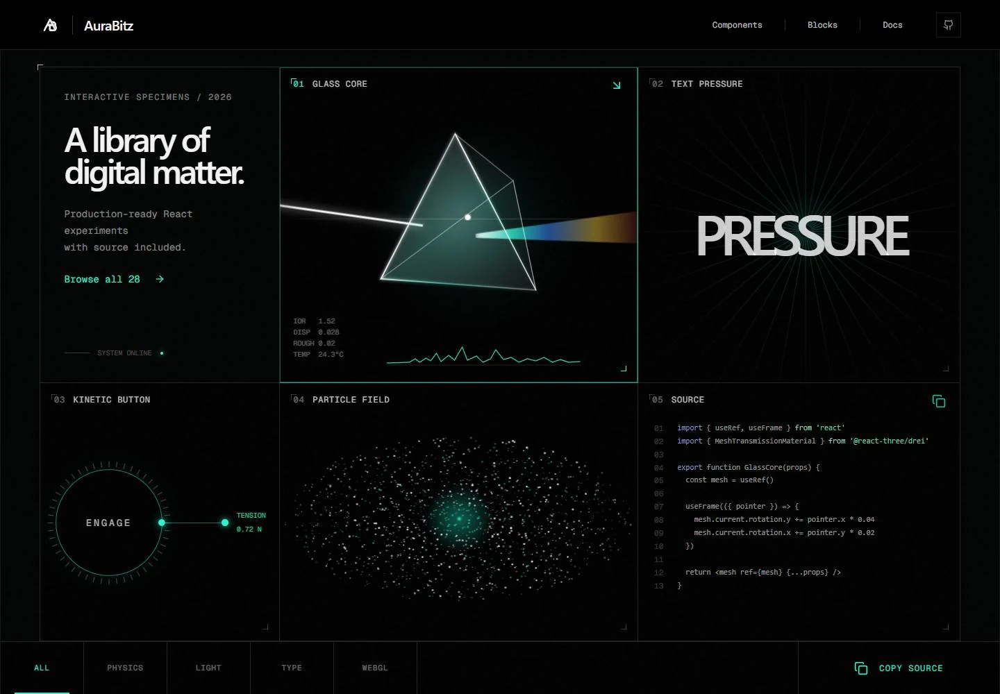The live AuraBitz component library showing its motion-led interface