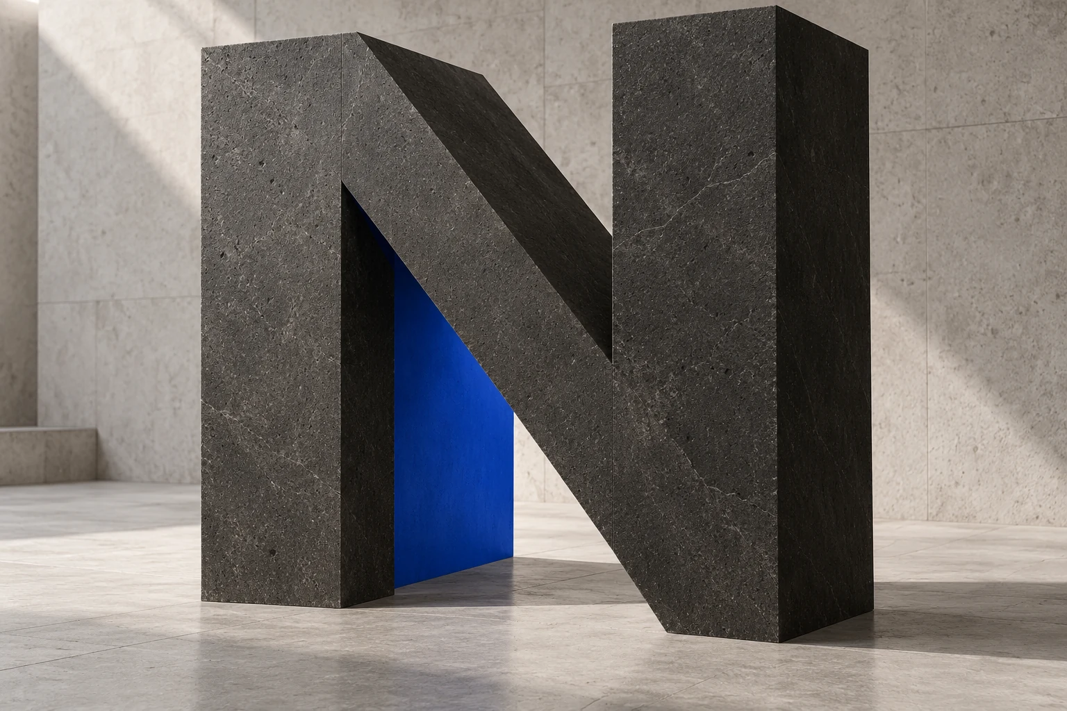 Conceptual NexDark Labs artwork: a dark stone N with a blueprint-blue passage