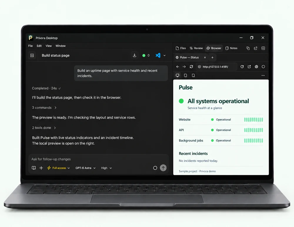 Privora Desktop with an illustrative project conversation and browser preview