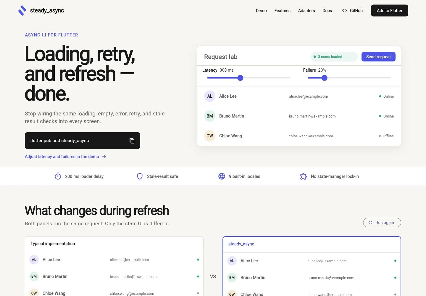 The live steady_async Flutter package website and its interactive state example